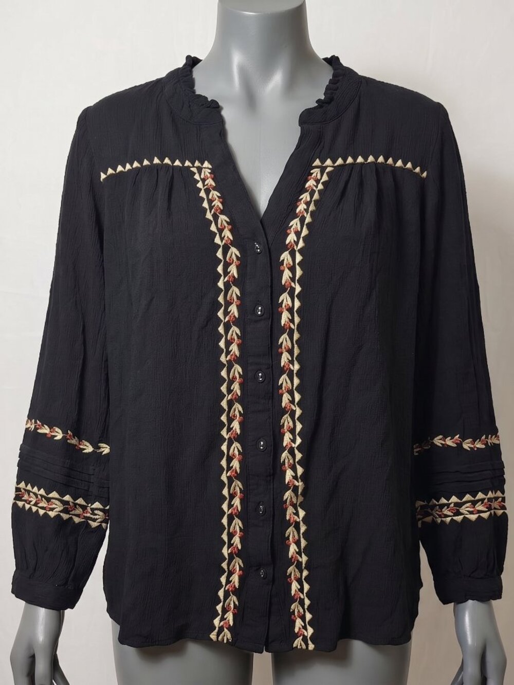 Vintage Threads Embroidered Peasant Blouse Top XL Black Gauze Boho Festival